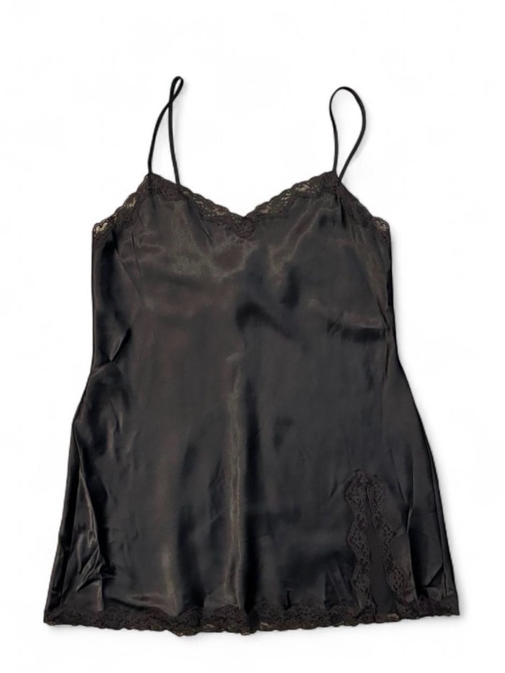 Vintage Y2K Victoria’s Secret Black Satin Lace Trim Slip Dress L Slit